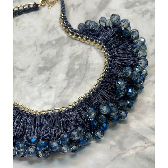 Vintage Blue Beaded Necklace Choker Crochet Bib Silver Tone 14" Long - Picture 5 of 6